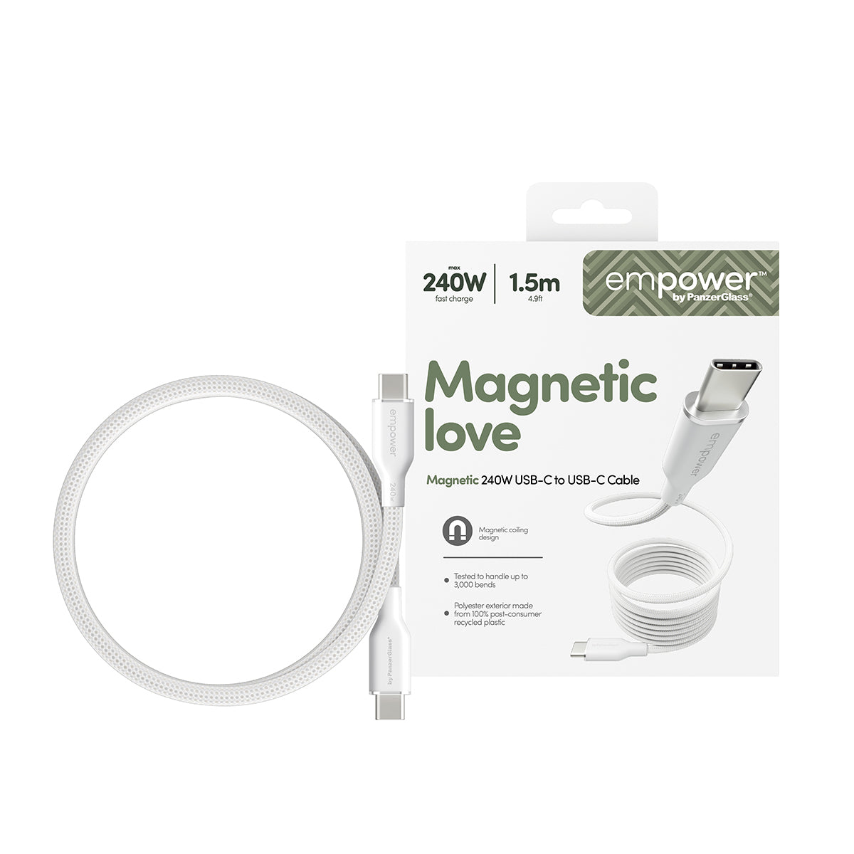 PanzerGlass empower™ by ® Magnetic 240W USB-C to USB-C Cable | USB 2.0 | 1.5M | Silver White câble USB Blanc