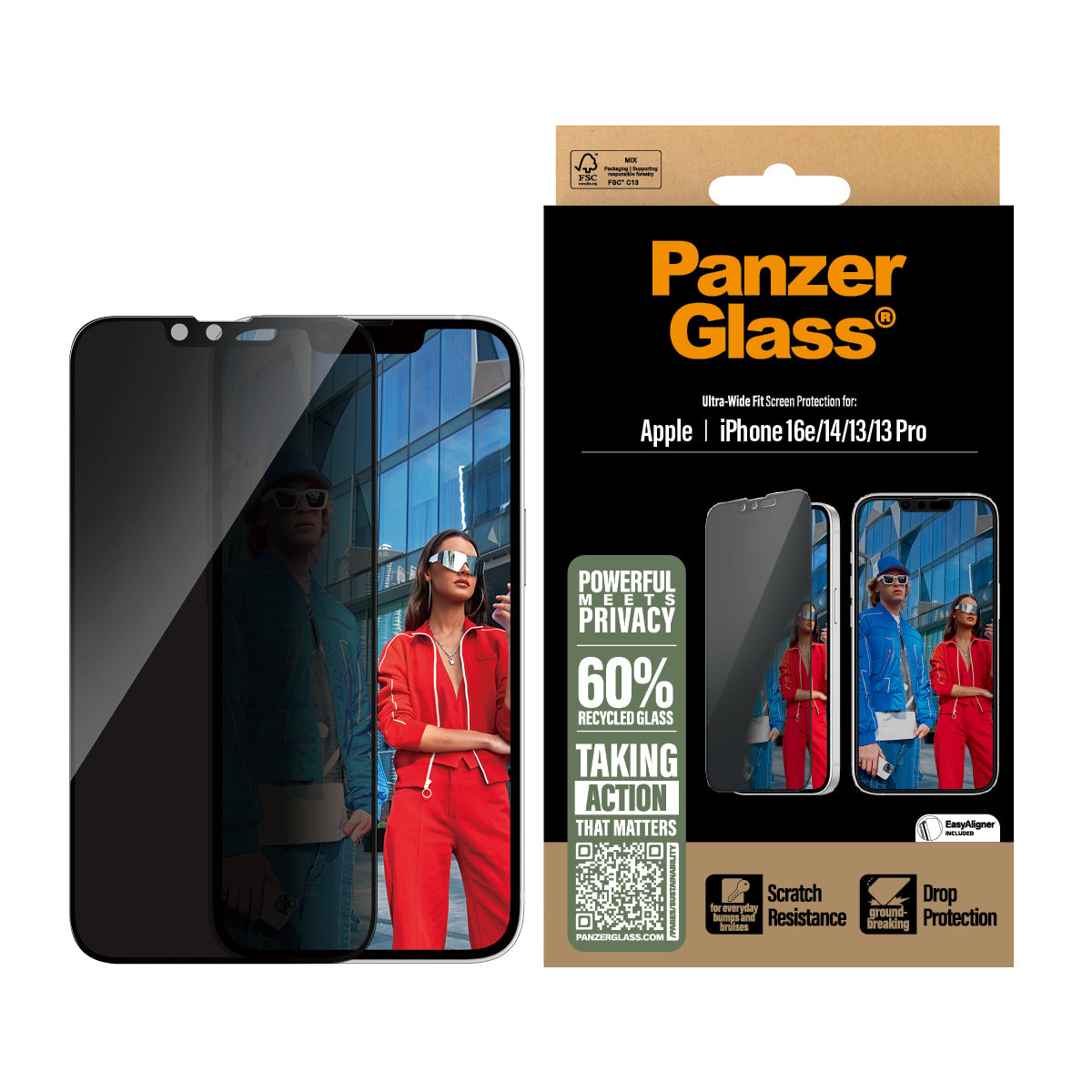 PanzerGlass ® 2-Way Privacy Screen Protector iPhone 17e | 16e | 14 | 13 | 13 Pro | Ultra-Wide Fit w. EasyAligner Protection d'écran transparent Apple 1 pièce(s)