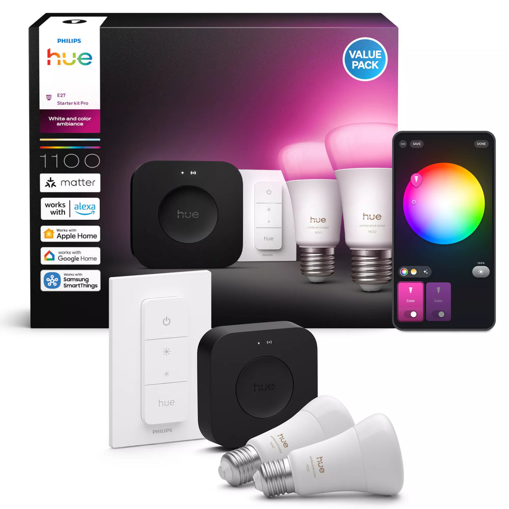 Philips Hue White and Color Ambiance Kit de démarrage, 2 Ampoules E27, Dimmer Switch et Hue Bridge Pro