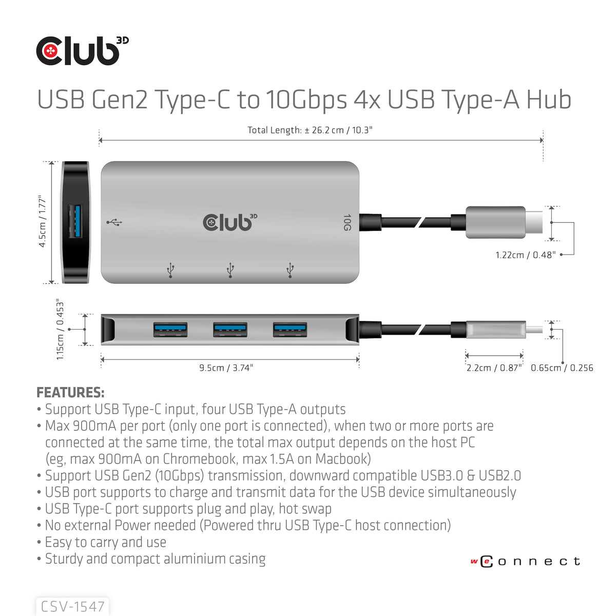 CLUB3D Hub USB-C vers 4 ports USB-A, Transfert Rapide 10Gbps
