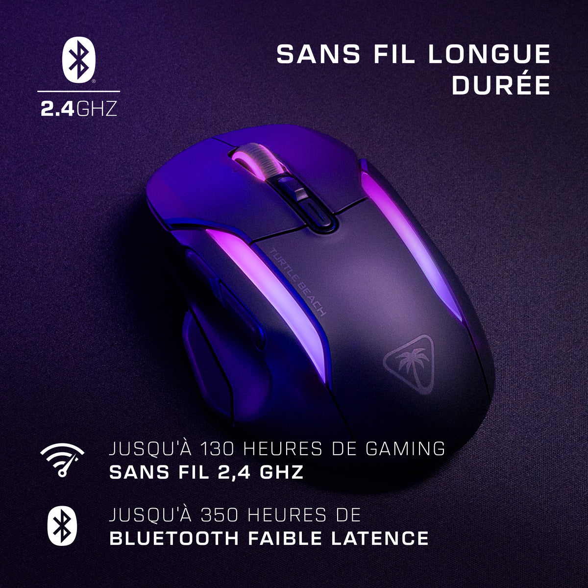 Turtle Beach Kone II Air Souris Gaming Sans Fil RGB Ergonomique, 26 000 DPI, Batterie 350h, Molette 4D Free-Spin, Noir