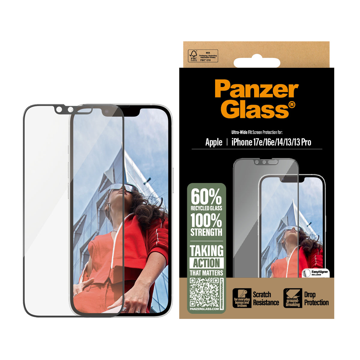 PanzerGlass ® Screen Protector iPhone 17e | 16e | 14 | 13 | 13 Pro | Ultra-Wide Fit w. EasyAligner Protection d'écran transparent Apple 1 pièce(s)