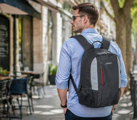 Manhattan Sac à dos York 16", noir/gris, compartiment rembourré pour ordinateur portable, grande poche avant, poignée de