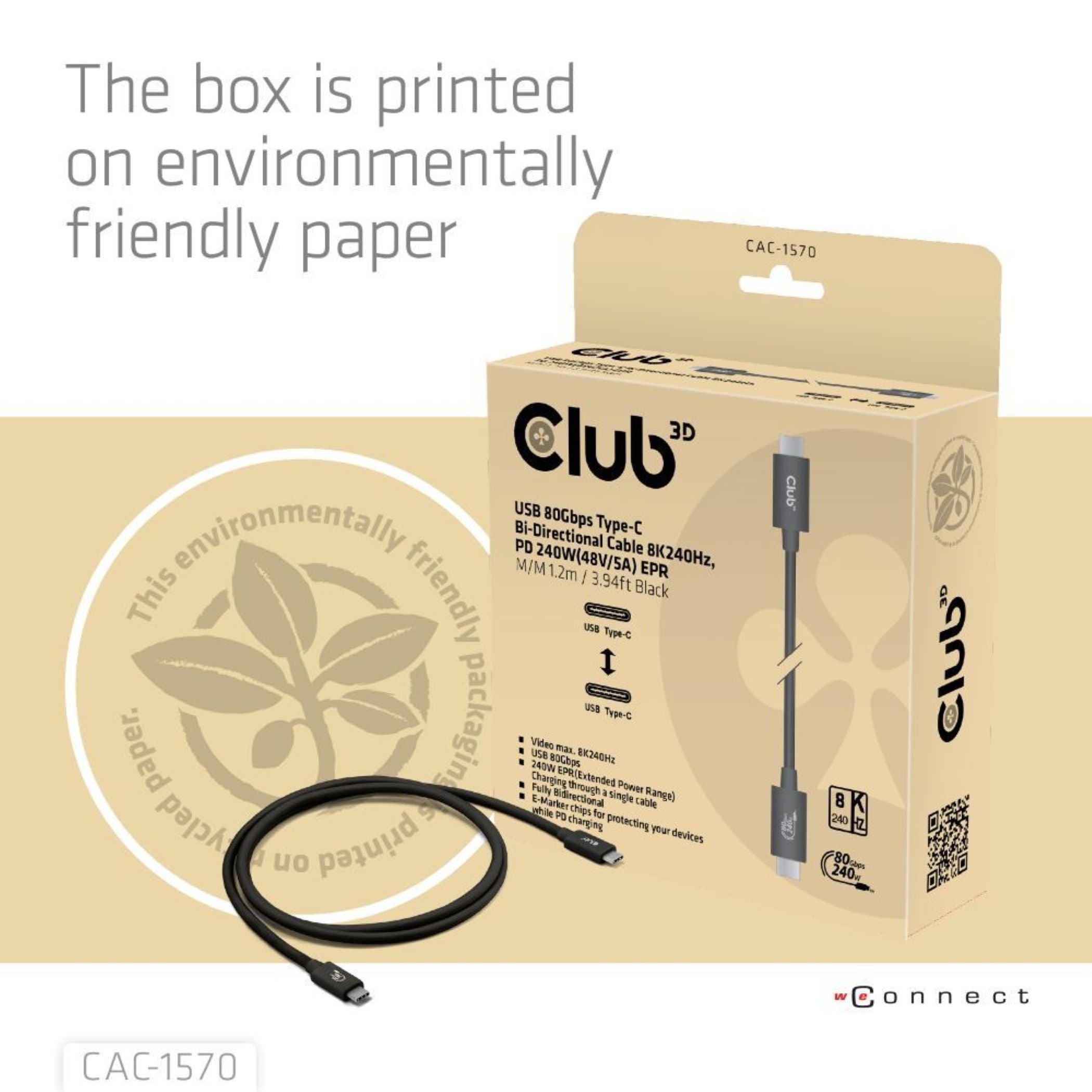 CLUB3D CAC-1570 câble USB USB4 Gen 2x2 1,2 m USB C 80 Gbit/s 240 W Noir