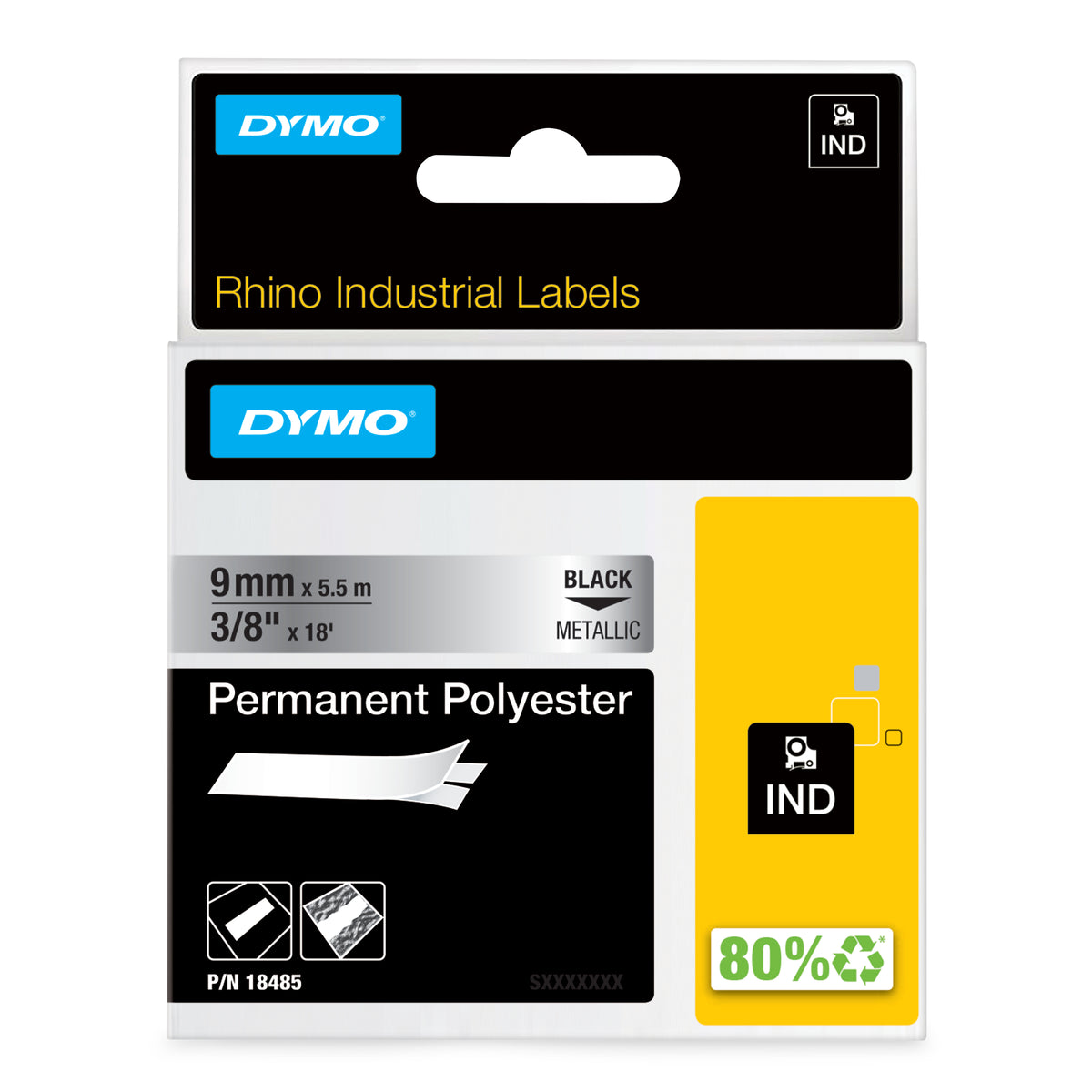 Étiquettes Industrielles Polyester Permanent 9 mm x 5,5 m, Impression Noir sur Fond Métallique pour Rhino et LabelManage