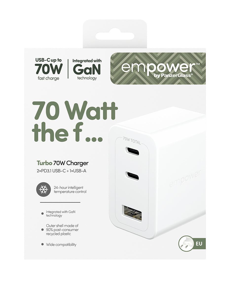 PanzerGlass empower Turbo Chargeur 70W, 2 x USB-C + USB-A, Prise EU, Blanc