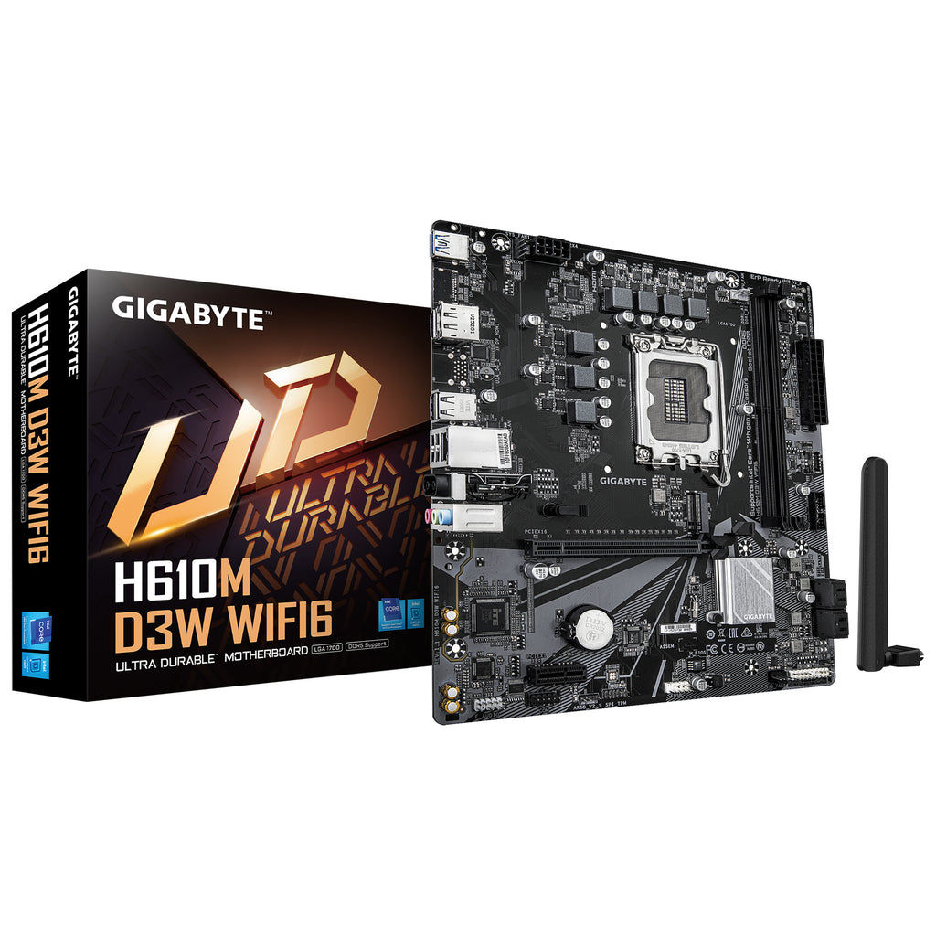 GIGABYTE H610M D3W WIFI6 Carte Mère - Prend en charge les processeurs Intel Core 14e génération, VRM 5+1+1 phases, jusqu’à 5600MHz DDR4, 1xPCIe 3.0 M.2, Wi-Fi 6, LAN 1GbE, USB 3.2 Gen 1