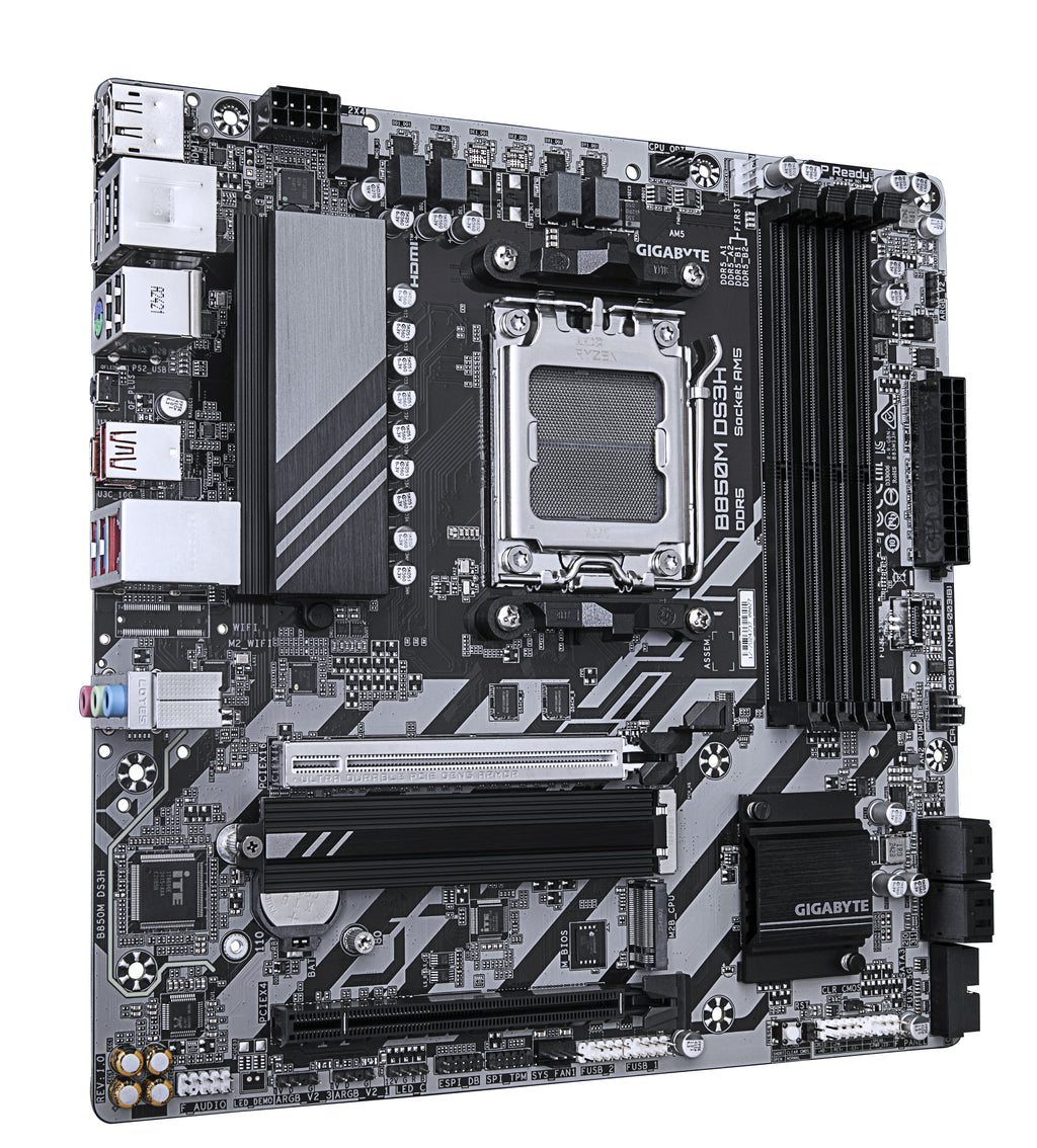 GIGABYTE B850M DS3H Carte Mère - Processeurs AMD Ryzen Série 9000, 16+2+2 phases VRM numériques, jusqu'à 8200MHz DDR5 (OC), 1xPCIe 5.0 + 1xPCIe 4.0 M.2, LAN 2.5, USB 3.2 Gen 2