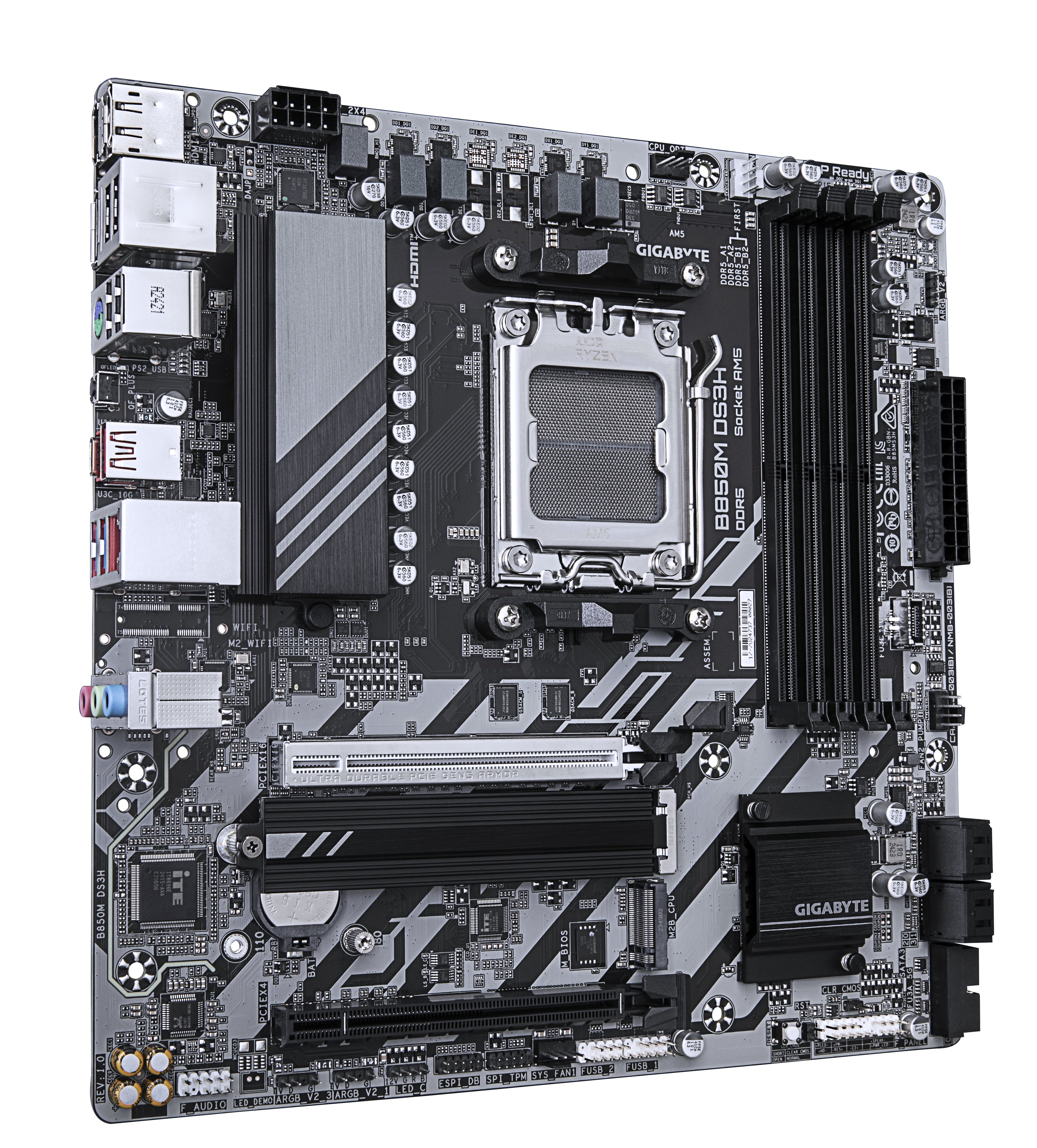 GIGABYTE B850M DS3H Carte Mère - Processeurs AMD Ryzen Série 9000, 16+2+2 phases VRM numériques, jusqu'à 8200MHz DDR5 (OC), 1xPCIe 5.0 + 1xPCIe 4.0 M.2, LAN 2.5, USB 3.2 Gen 2