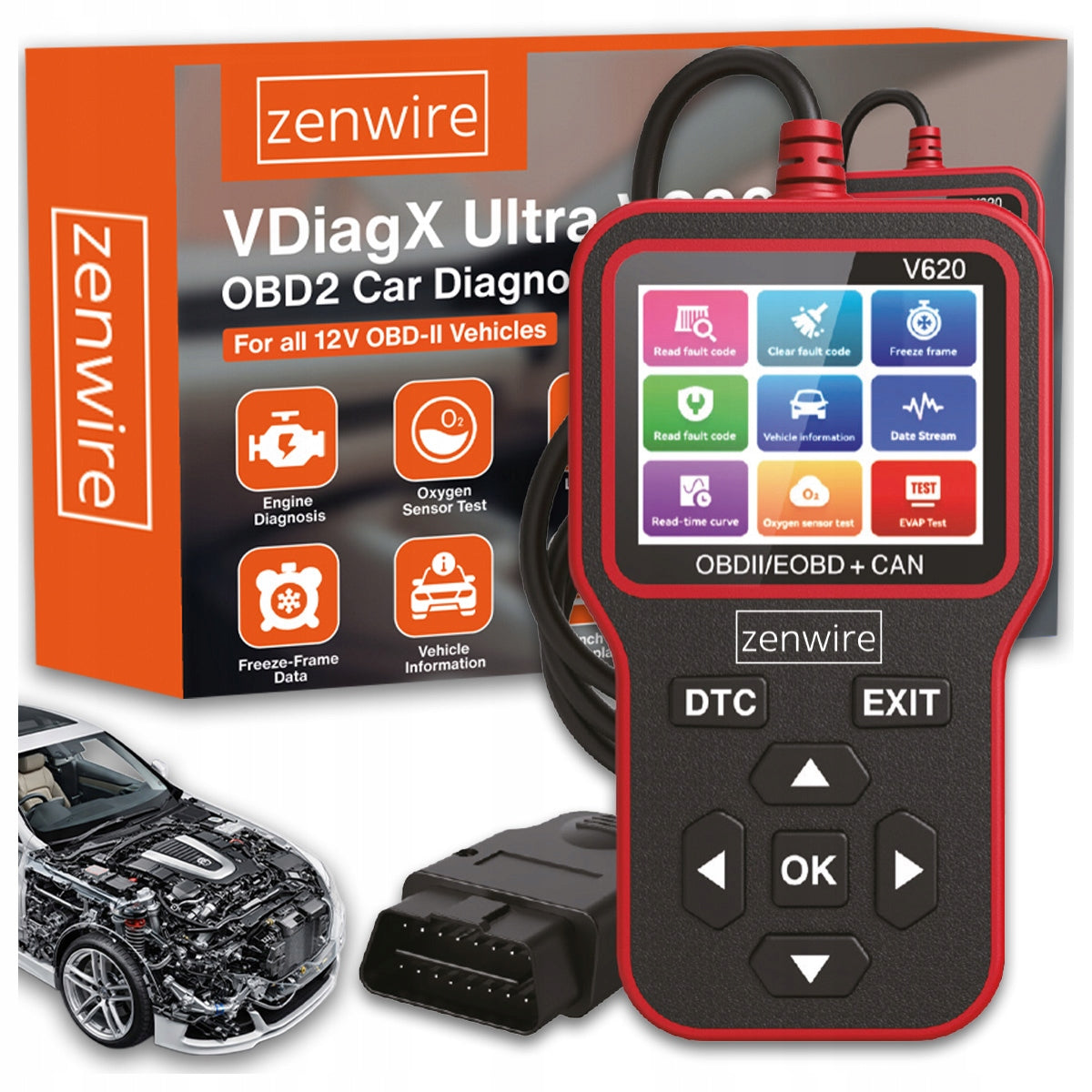Interface, testeur, scanner de diagnostic, écran OBD2, ELM327, CAN, ordinateur Zenwire V620