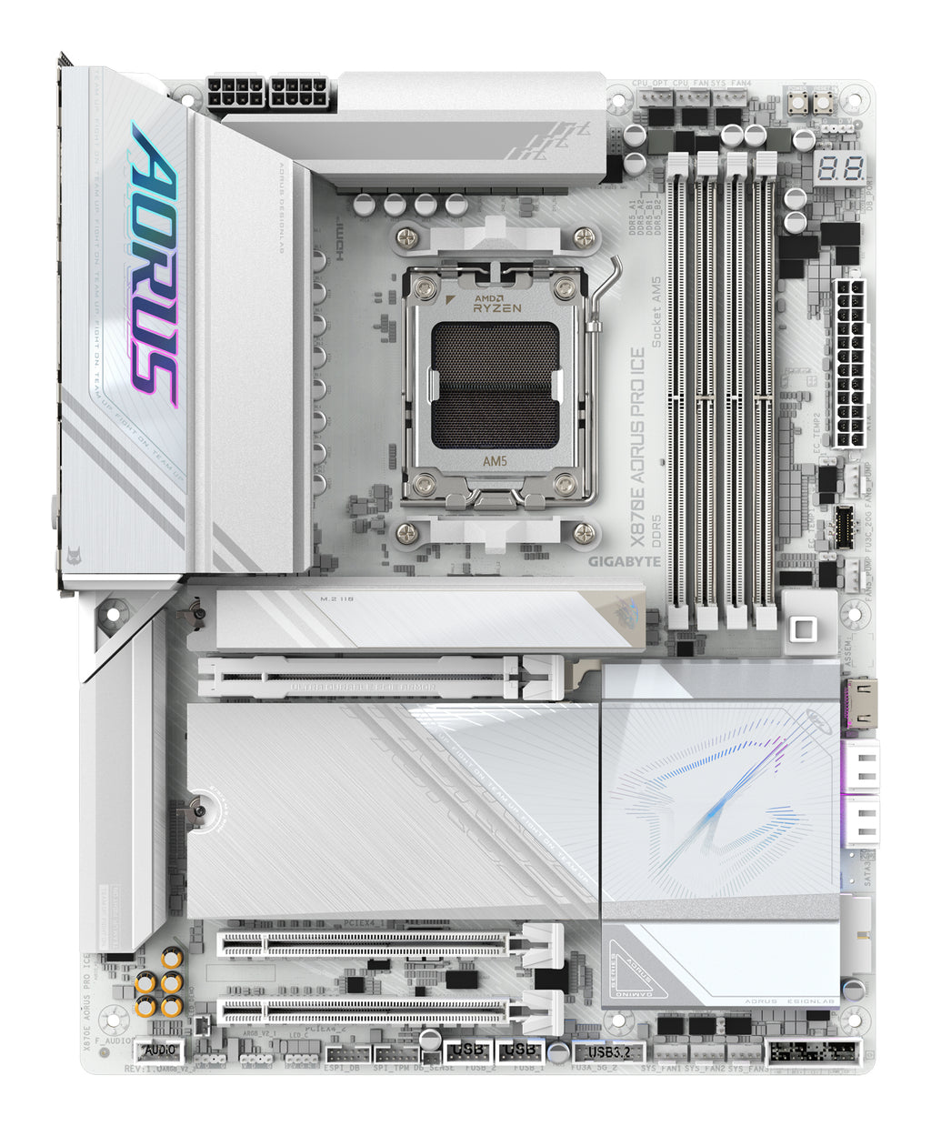 GIGABYTE X870E AORUS PRO ICE Carte Mère - Prend en charge les processeurs AMD Ryzen 9000, 16+2+2 Phases VRM Digital, jusqu'à 8000MHz DDR5 (OC), 3xPCIe 5.0 + 1xPCIe 4.0, Wi-Fi 7, 2.5GbE LAN, USB 4