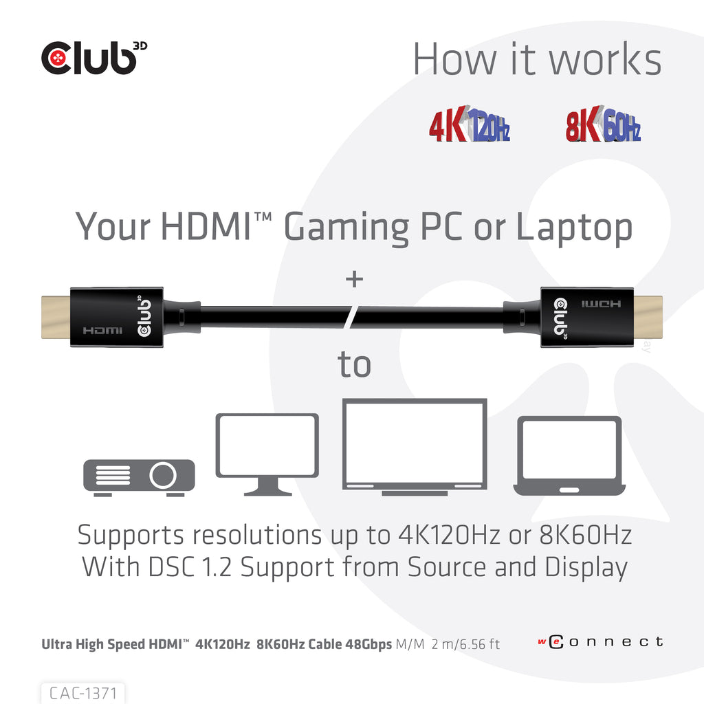 CLUB3D Ultra High Speed HDMI 4K120Hz, 8K60Hz Certified Cable 48Gbps M/M 1 m/3.28 ft