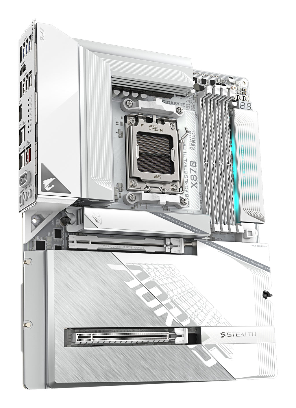 GIGABYTE X870 AORUS STEALTH ICE Carte Mère – Prend en charge les processeurs AMD Ryzen 9000, VRM numérique 16+2+2 phases, jusqu’à 8200 MHz DDR5 (OC), 2 x PCIe 5.0 + 2 x PCIe 4.0, Wi-Fi 7, LAN 5 GbE, USB 4