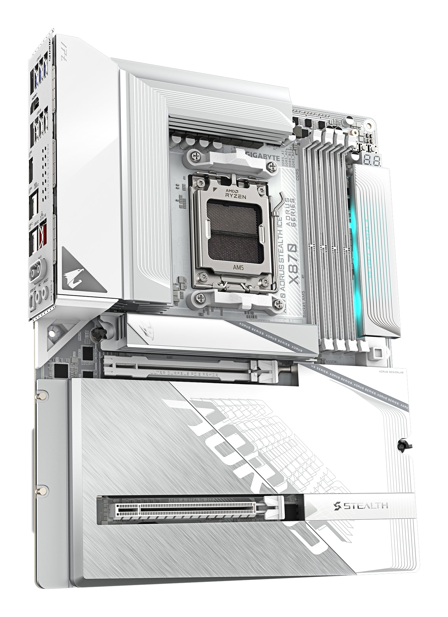 GIGABYTE X870 AORUS STEALTH ICE Carte Mère – Prend en charge les processeurs AMD Ryzen 9000, VRM numérique 16+2+2 phases, jusqu’à 8200 MHz DDR5 (OC), 2 x PCIe 5.0 + 2 x PCIe 4.0, Wi-Fi 7, LAN 5 GbE, USB 4