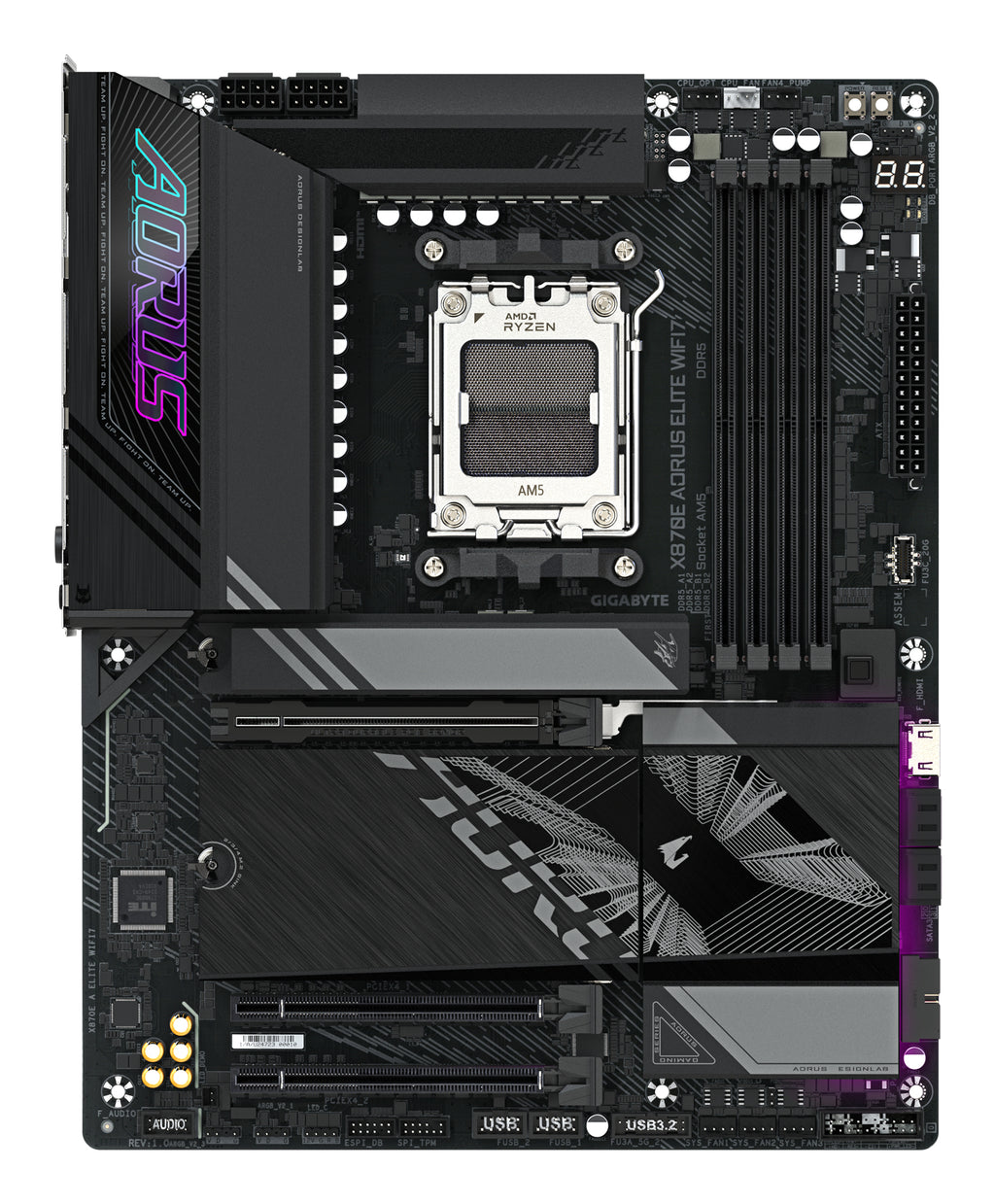GIGABYTE X870E AORUS ELITE WIFI7 Carte Mère - Prend en charge les processeurs AMD Ryzen 9000, 16+2+2 phases VRM numérique, jusqu'à 8000Hz DDR5 (OC), 3xPCIe 5.0 + 1xPCIe 4.0, Wi-Fi 7, LAN 2,5GbE, USB 4
