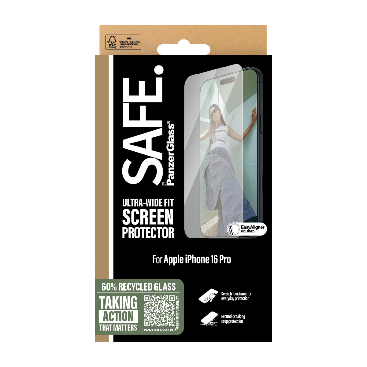 PanzerGlass SAFE. Protection d'écran Ultra-Wide Fit pour iPhone 16 Pro, Transparent
