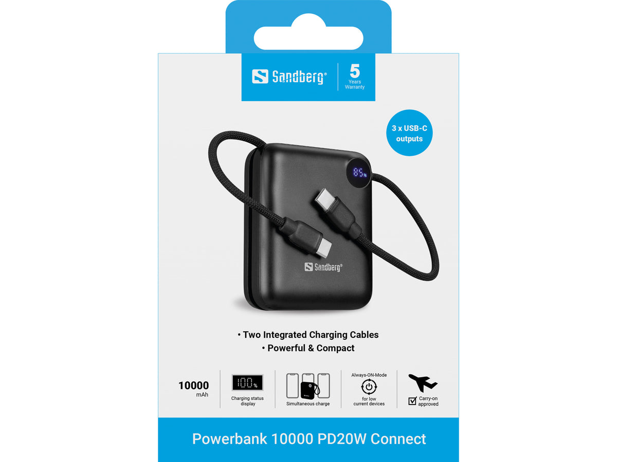 Sandberg 421-26 Powerbank 10000 mAh PD20W Connect, Batterie Externe LiPo, Noir