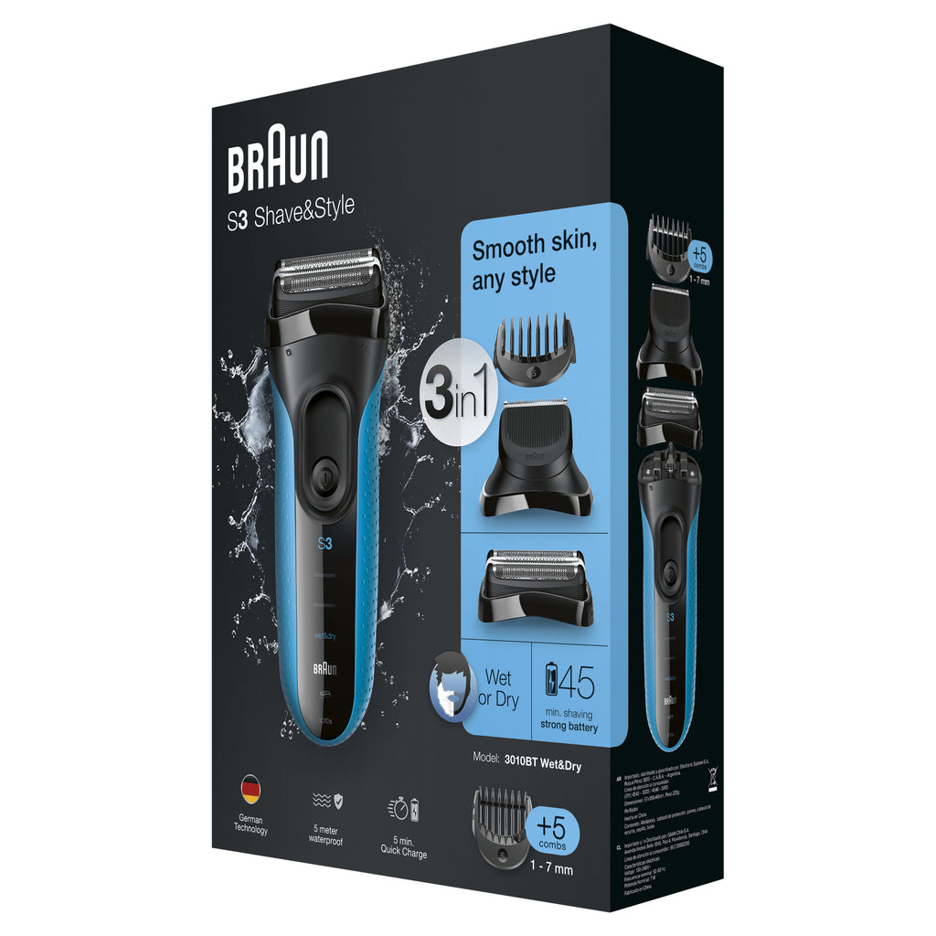 Braun Series 3 Shave&Style 3010BT Rasoir à grille Tondeuse Noir, Bleu - vue 7