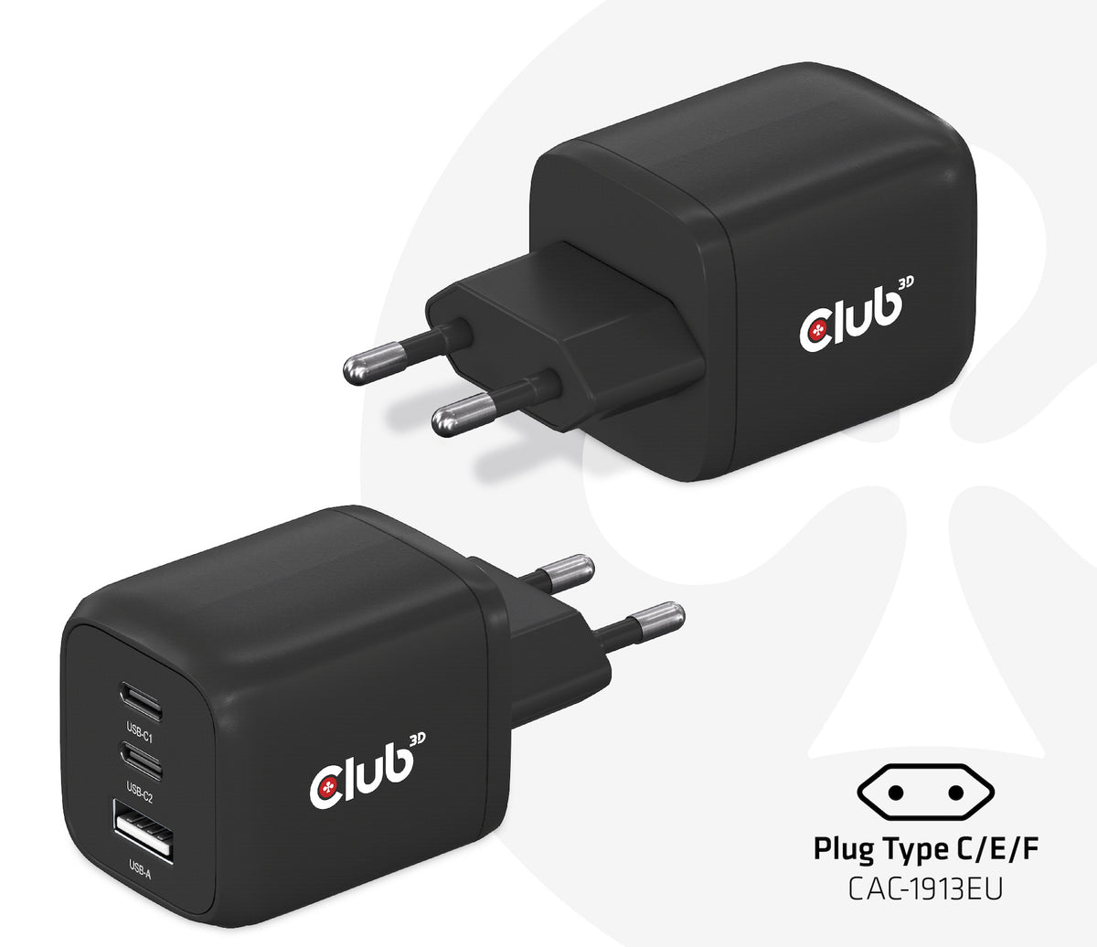 CLUB3D CAC-1913 Chargeur Universel Secteur Charge Rapide, 2 Ports USB-C, Noir