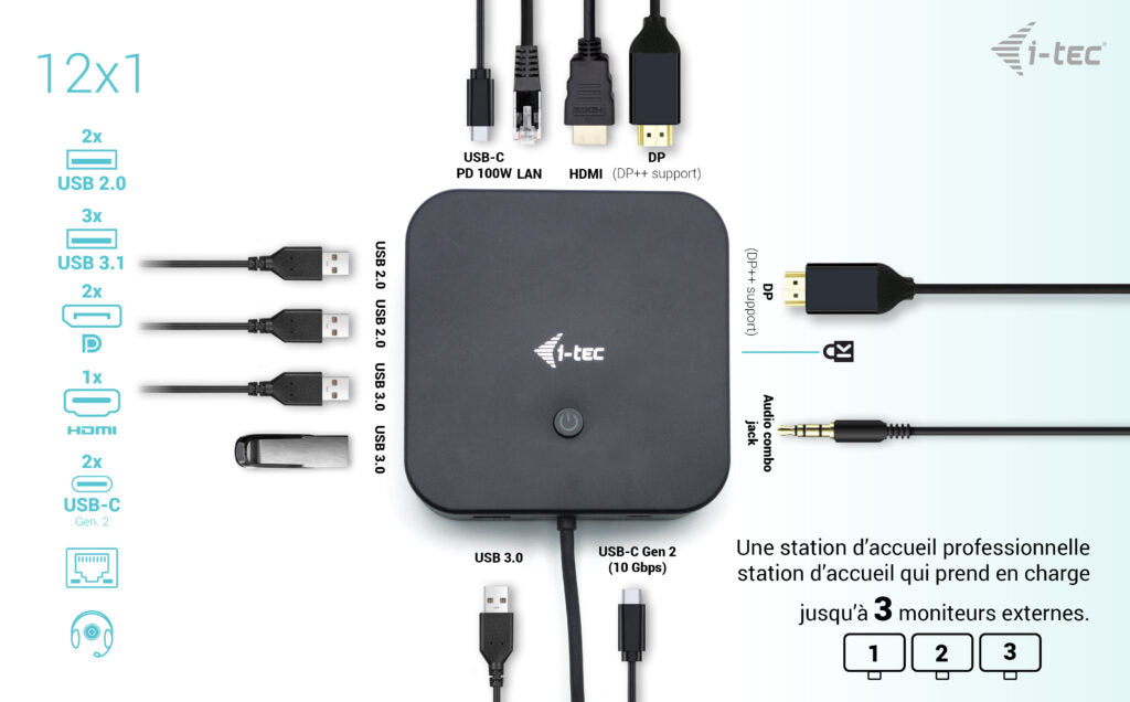 i-tec Station d'accueil USB-C HDMI Dual DP avec Power Delivery 100W