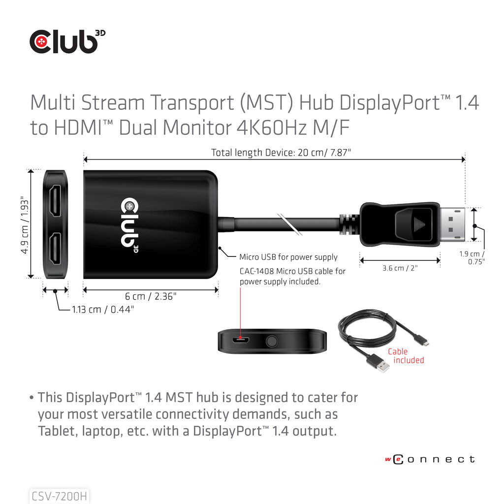 CLUB3D CSV-7200H Répartiteur Vidéo DisplayPort vers 2x HDMI