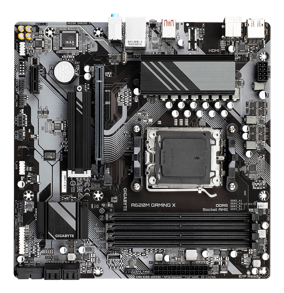 GIGABYTE A620M GAMING X Carte Mère - Prend en charge les processeurs AMD Ryzen 8000, VRM numérique 8+2+1 phases, jusqu'à 8000MHz DDR5 (OC), 1xPCIe 4.0 M.2, LAN GbE, USB 3.2 Gen 2 - vue 5