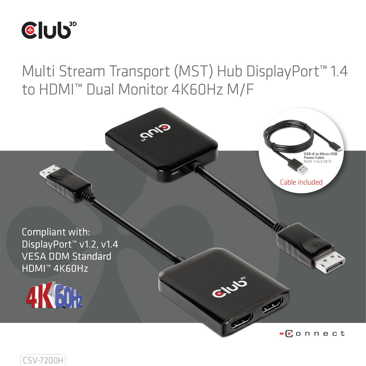 CLUB3D CSV-7200H Répartiteur Vidéo DisplayPort vers 2x HDMI
