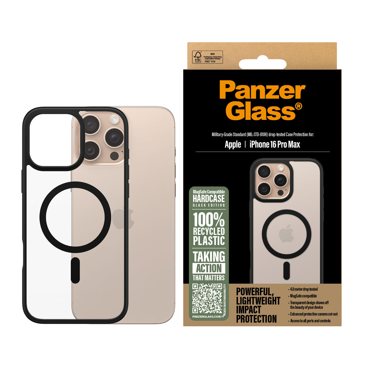 PanzerGlass HardCase Transparent avec MagSafe et Cadre Noir pour iPhone 16 Pro Max