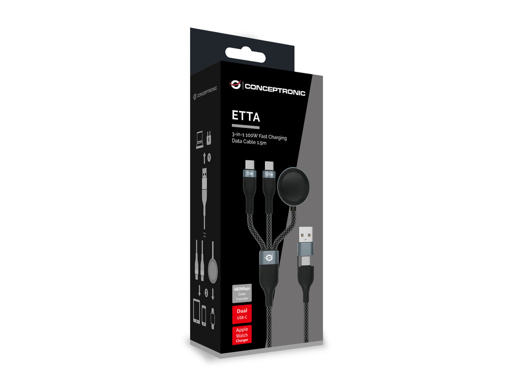 Conceptronic ETTA08B15 Câble USB 2.0 USB-A vers 2 x USB-C, 1,5 m, 100 W, Noir