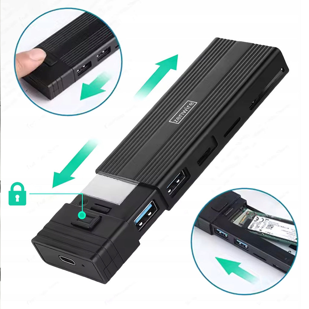 Boîtier pour disque dur HUB USB-C 7-en-1 SSD M.2 NVMe PCIe SATA SD Adaptateur Emplacement M.2 Zenwire HUB63