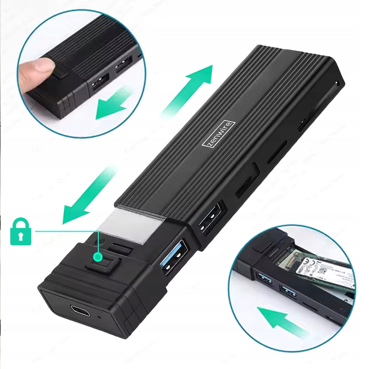 Boîtier pour disque dur HUB USB-C 7-en-1 SSD M.2 NVMe PCIe SATA SD Adaptateur Emplacement M.2 Zenwire HUB63