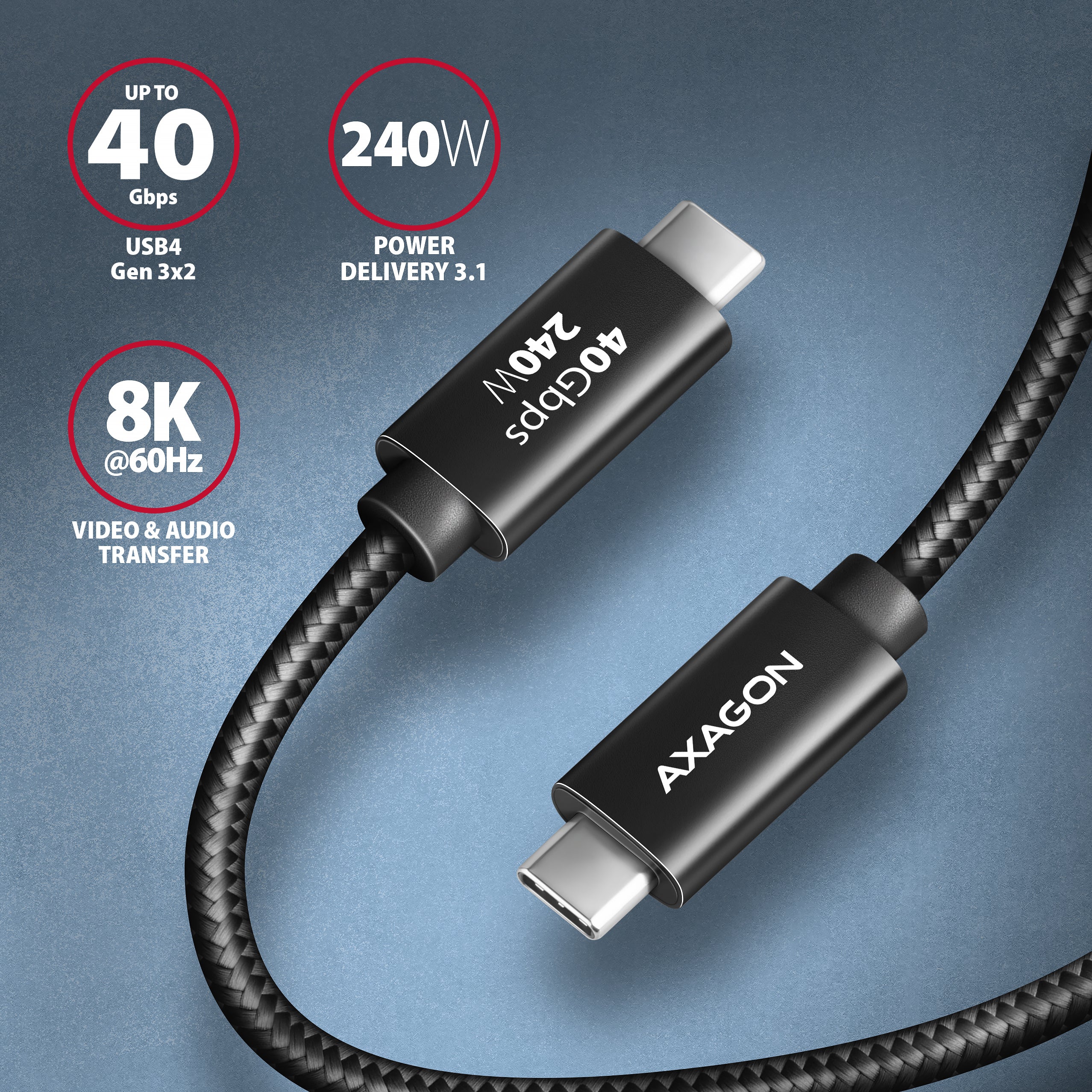 Axagon BUCM4X-CM05AB câble USB USB4 Gen 3x2 0,5 m USB C 40 Gbit/s 240 W Noir