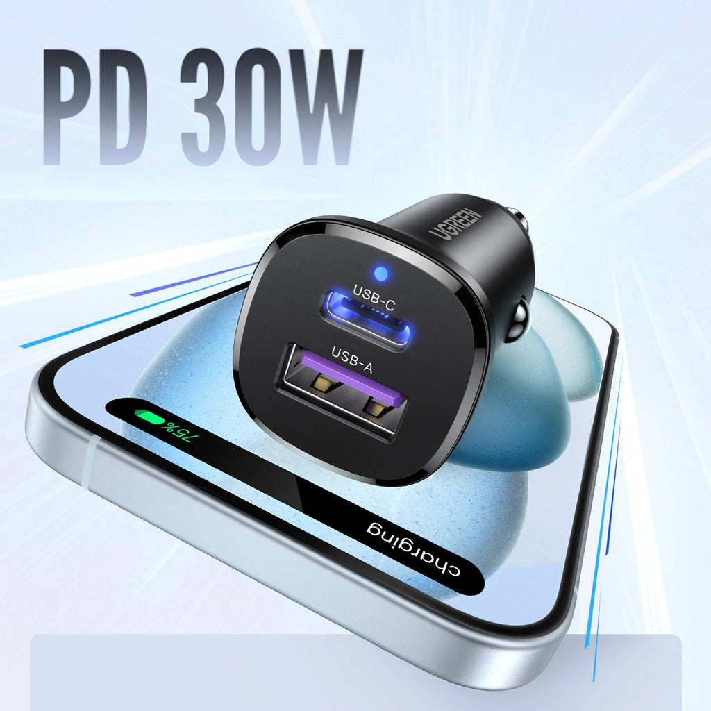 Ugreen Ladowarka samochodowa EC305 USB-C + USB, 30W (czarna) Smartphone, Tablette Noir Allume-cigare Auto