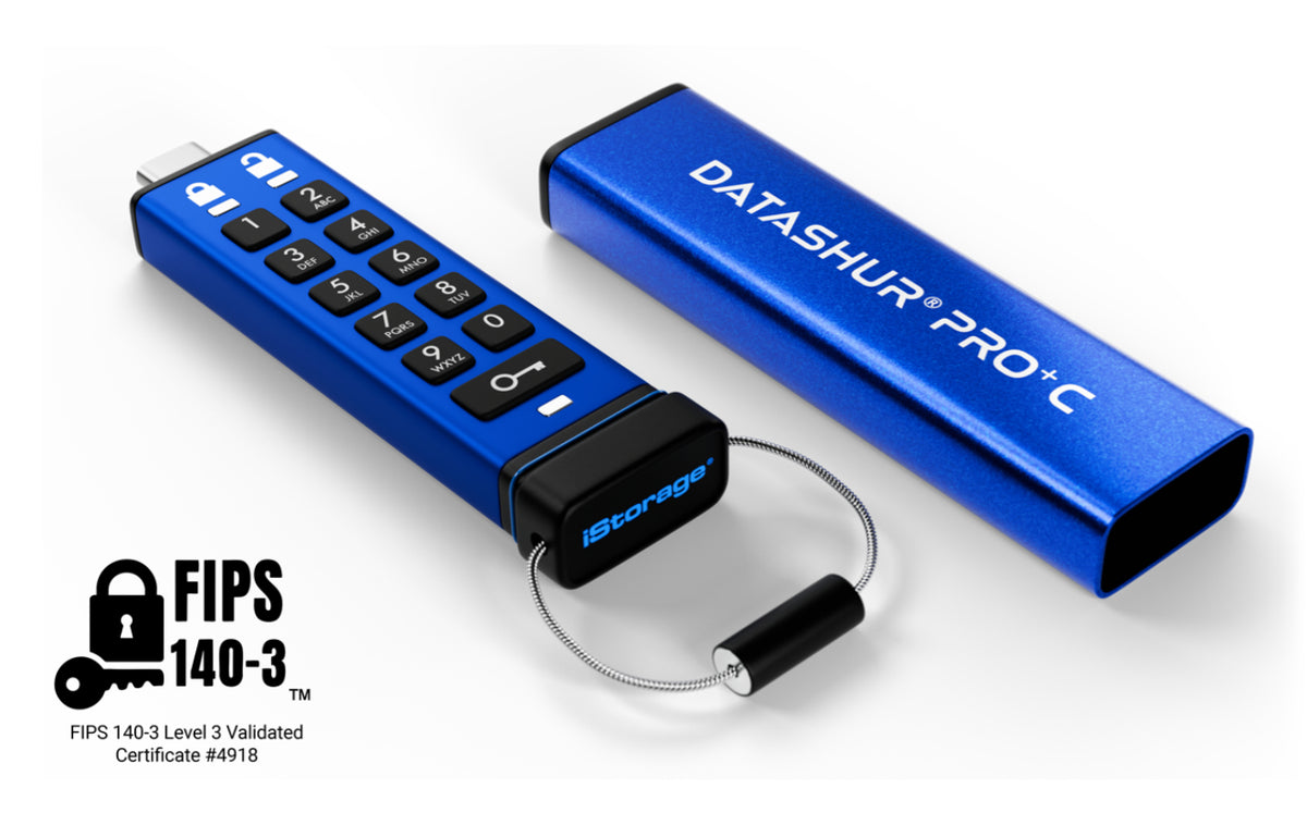 iStorage datAshur PRO+C 32GB | Secure USB Type-C Memory Stick | FIPS 140-3 Level 3 pending | PIN protected | Type C-A adapter included.