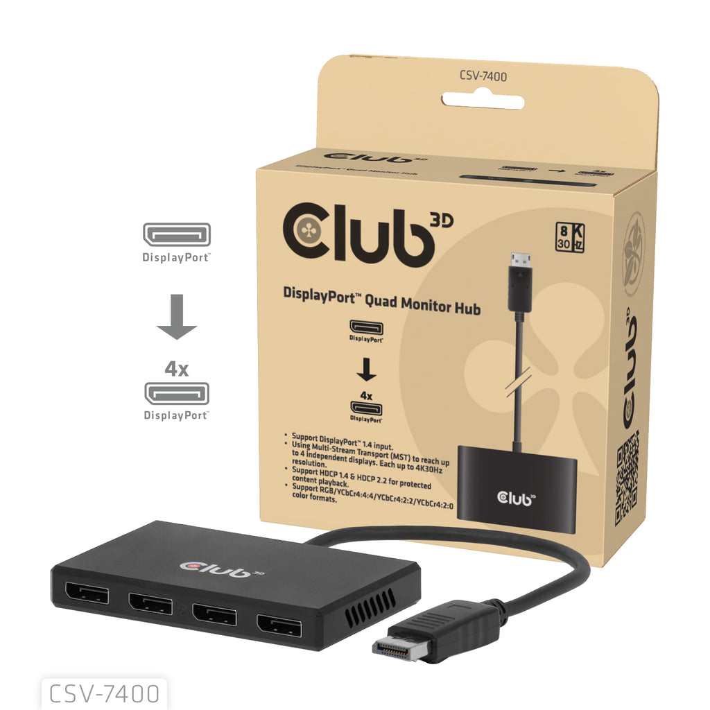 CLUB3D CSV-7400 Répartiteur Vidéo DisplayPort vers 4x DisplayPort 4K UHD
