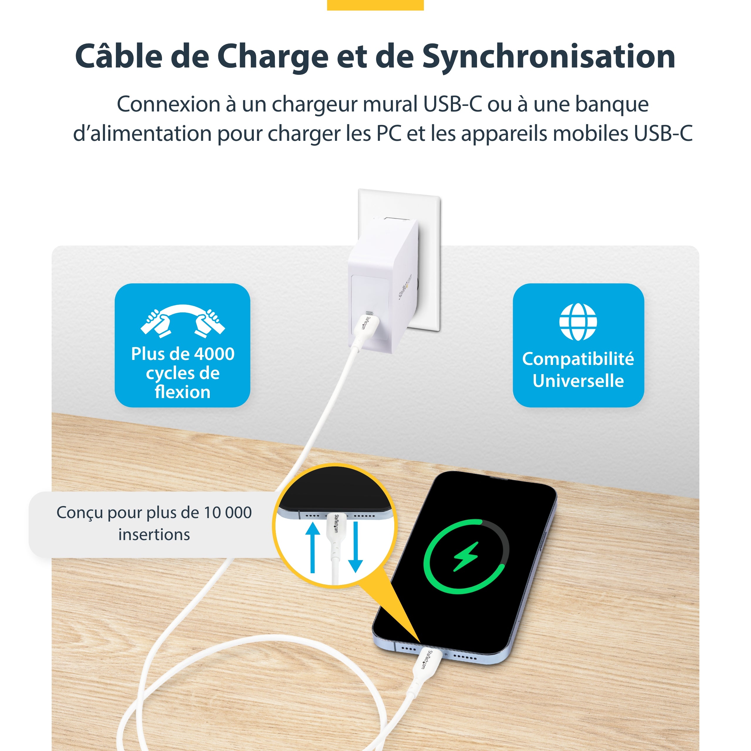 StarTech.com Câble de Charge USB-C de 3m, Charge et Synchronisation, 60W (3A) PD, Câble de Charge USB 2.0 pour Ordinateur Portable, Gaine TPE - Cordon de Charge USB C Blanc