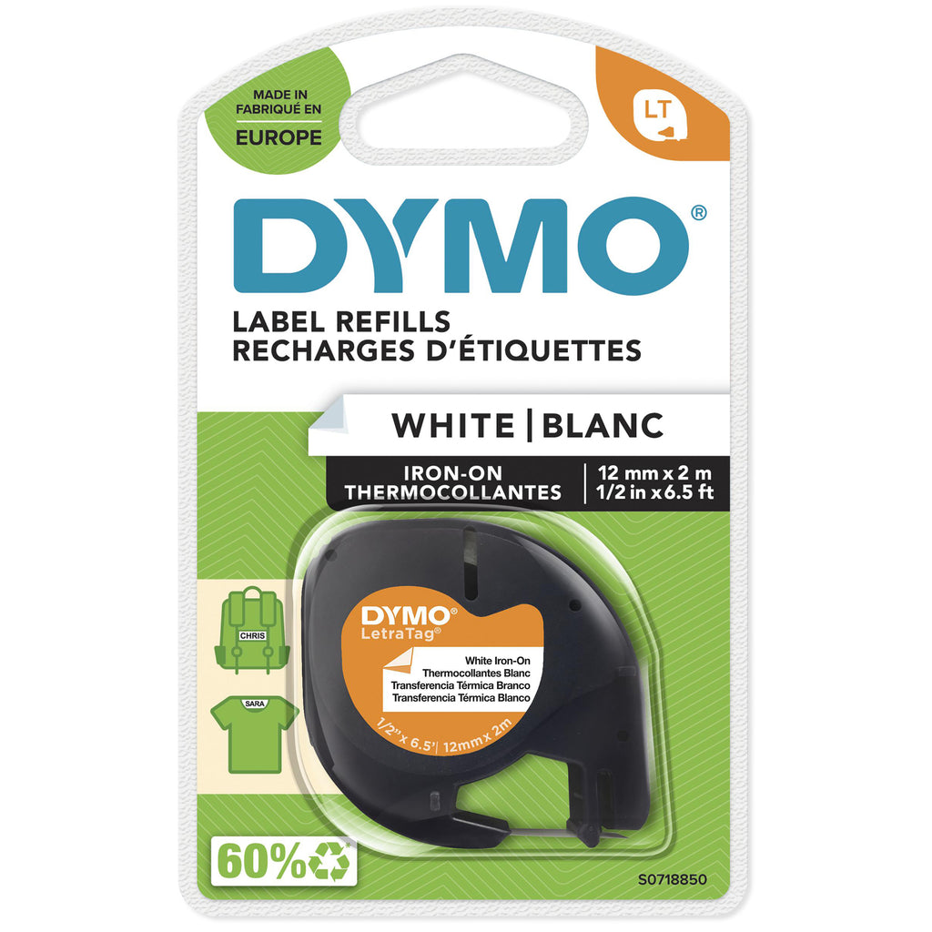 DYMO LetraTag Étiquettes Autocollantes pour Vêtements, 12 mm x 2 m, Noir sur Blanc