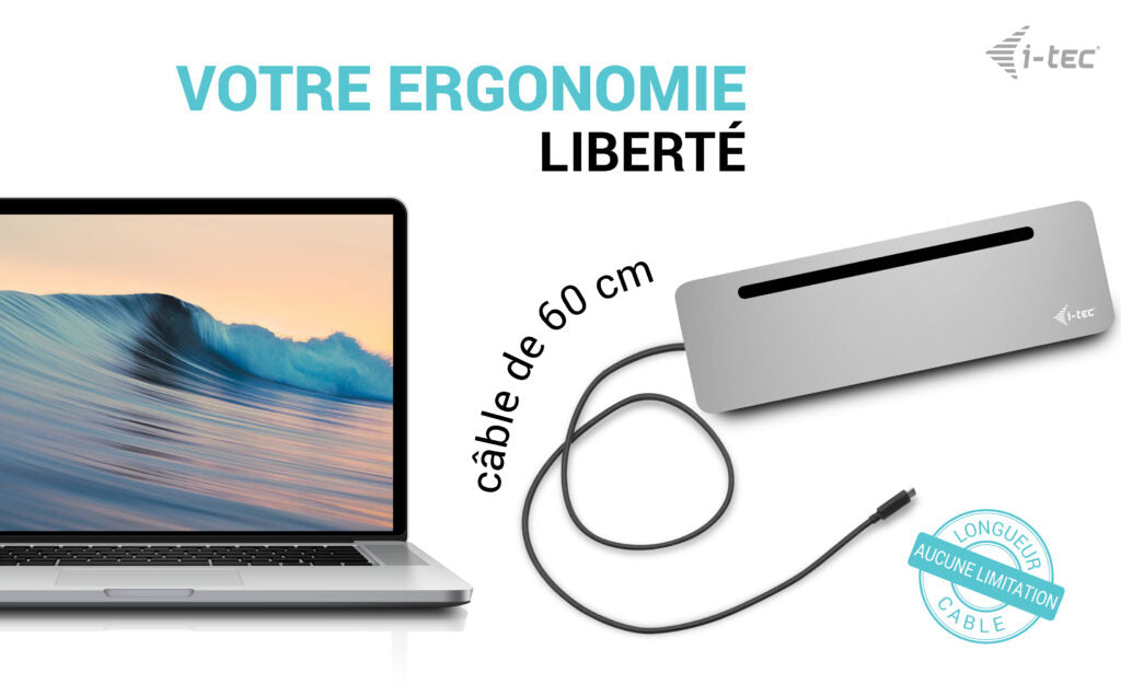i-tec Station d'accueil USB-C Ergonomique en Métal Triple Affichage 4K, Power Delivery 100W et Chargeur Universel 100W