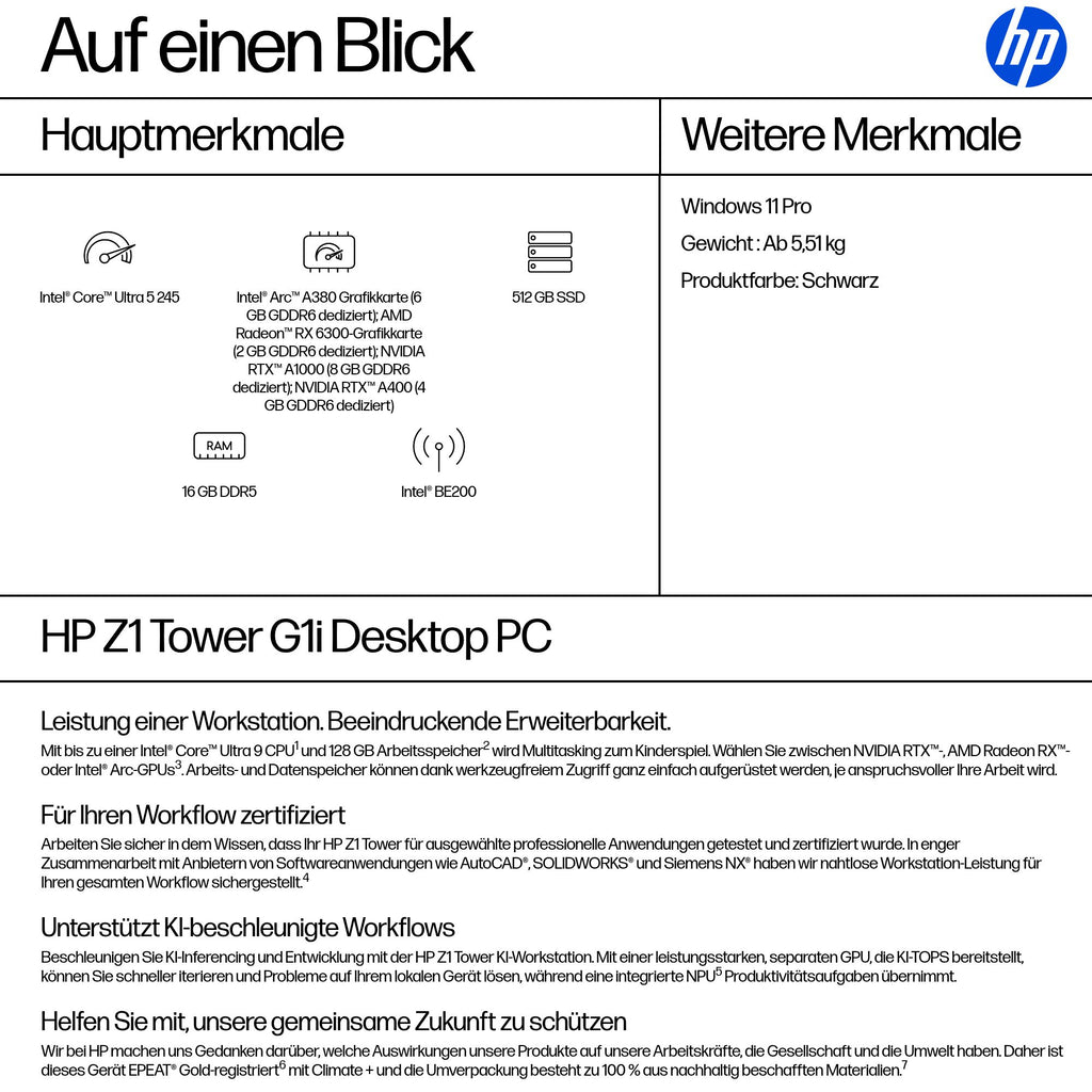 HP Workstation Z1 G1i Tower, Intel Core Ultra 5 245, 16GB RAM, 512GB SSD, Intel Graphics, Windows 11 Pro