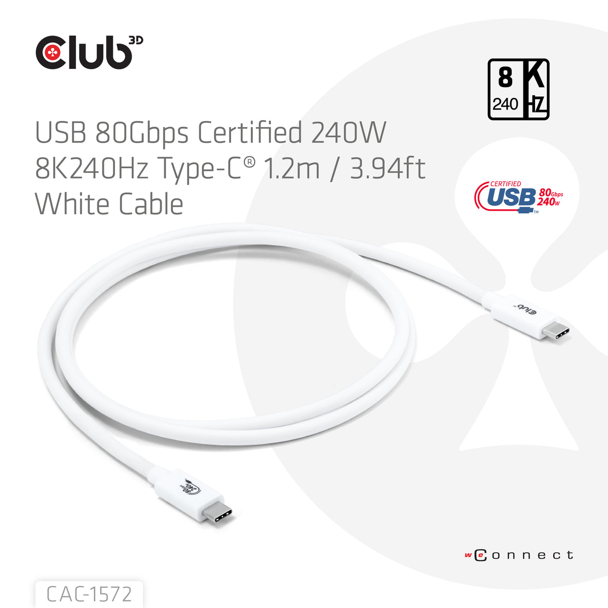 CLUB3D CAC-1572 Câble USB4 Gen 2x2 USB-C vers USB-C, 80 Gbit/s, 240W, 1,2 m, Blanc