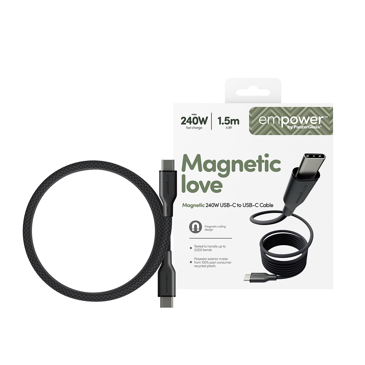 PanzerGlass empower™ Câble USB-C vers USB-C Magnétique 240W, USB 2.0, 1,5m, Space Black Transparent