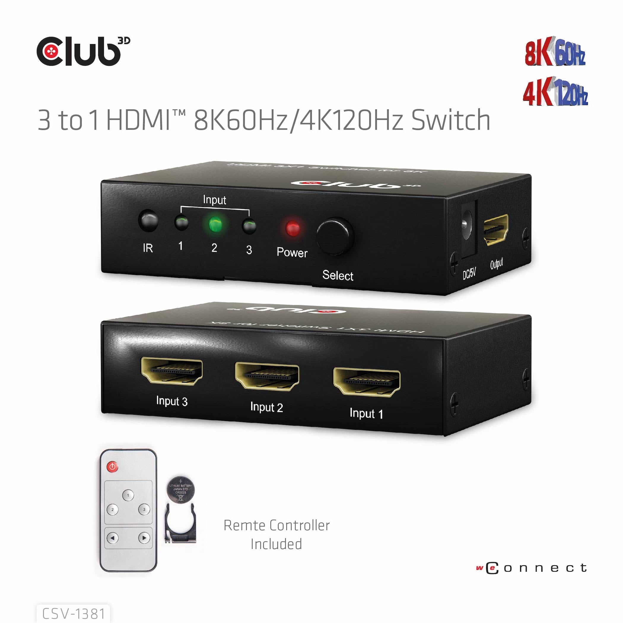 CLUB3D 3 to 1 HDMI 8K60Hz Switch commutateur écran, clavier et souris Noir