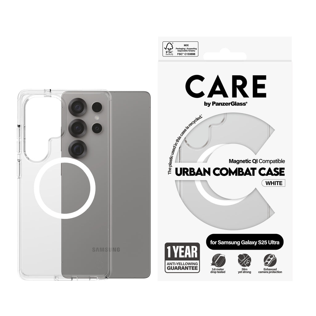 PanzerGlass CARE™ by ® Urban Combat Case Transparent w. White Qi Compatible Samsung Galaxy S25 Ultra coque de protection pour téléphones portables Housse