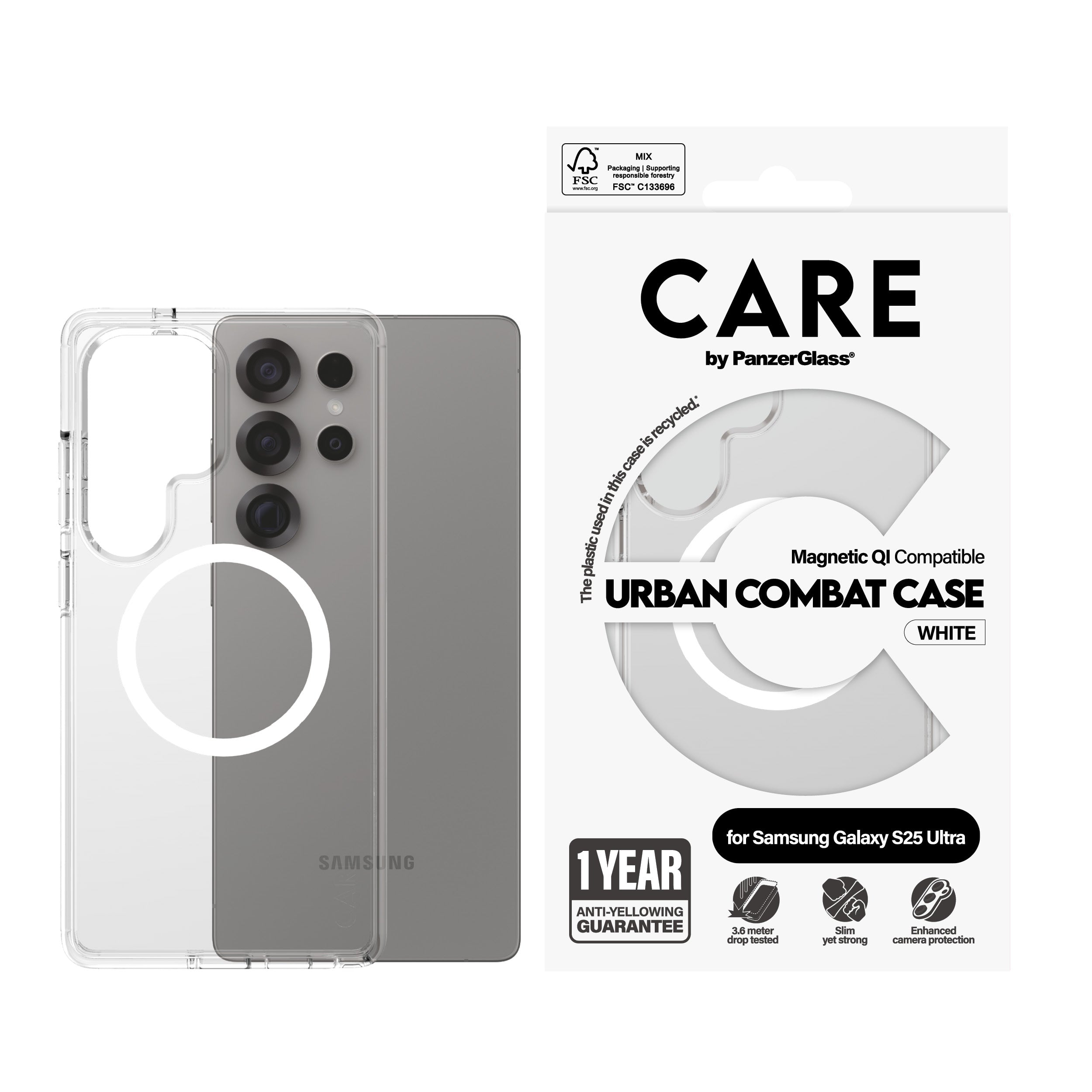 PanzerGlass CARE™ by ® Urban Combat Case Transparent w. White Qi Compatible Samsung Galaxy S25 Ultra coque de protection pour téléphones portables Housse