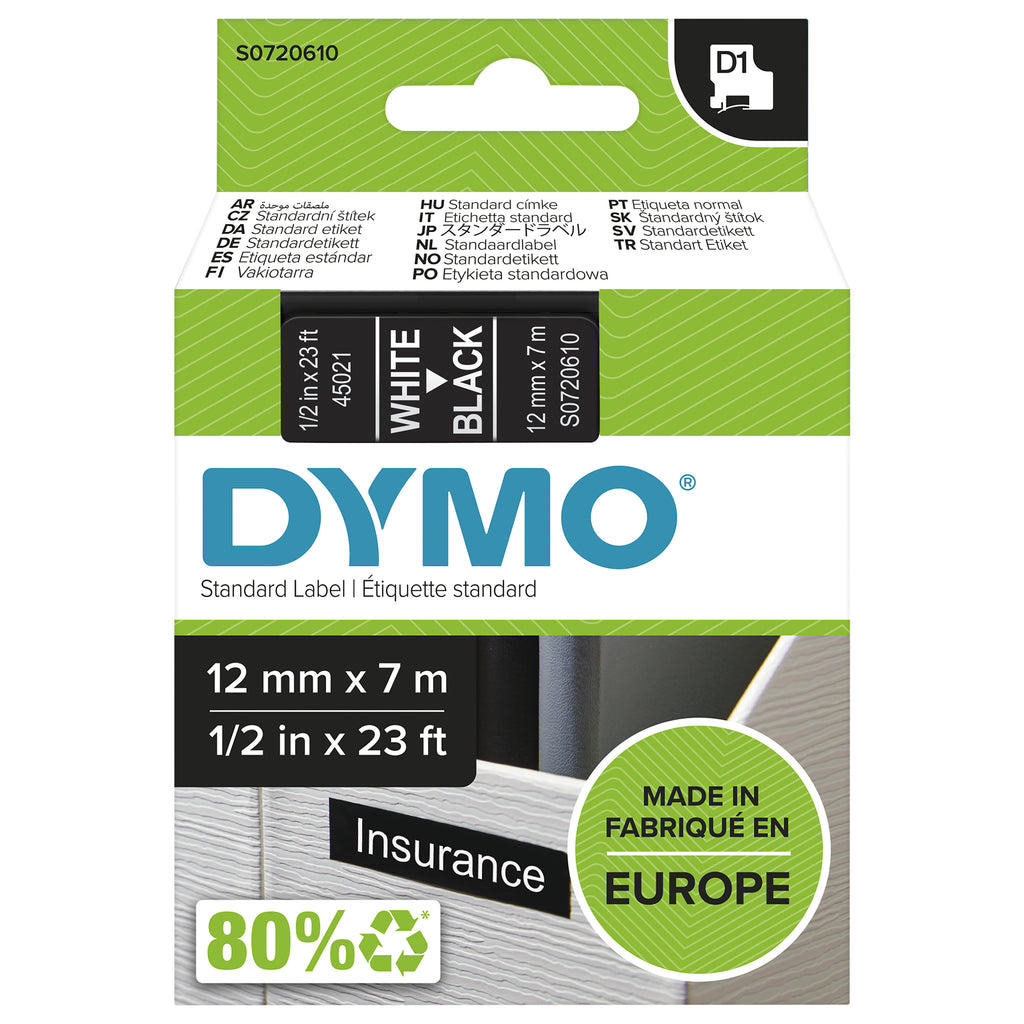 DYMO D1 étiquettes autocollantes authentiques | impression en blanc sur fond noir | 12 mm x 7 m | pour étiqueteuses LabelManager