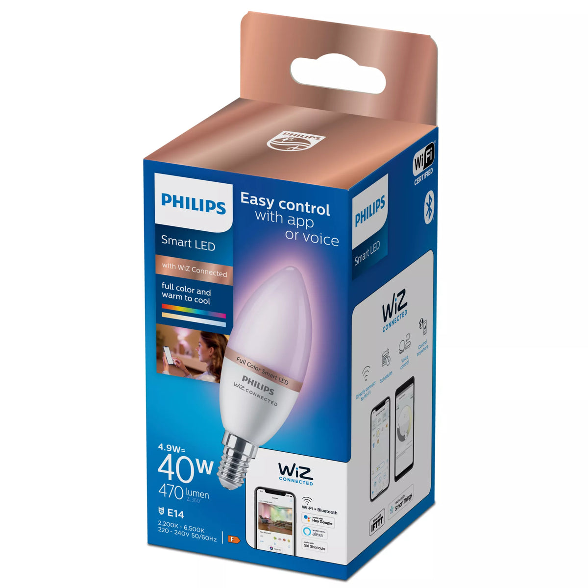Philips Ampoule RGB LED connectée C37, base E14, 470 lm
