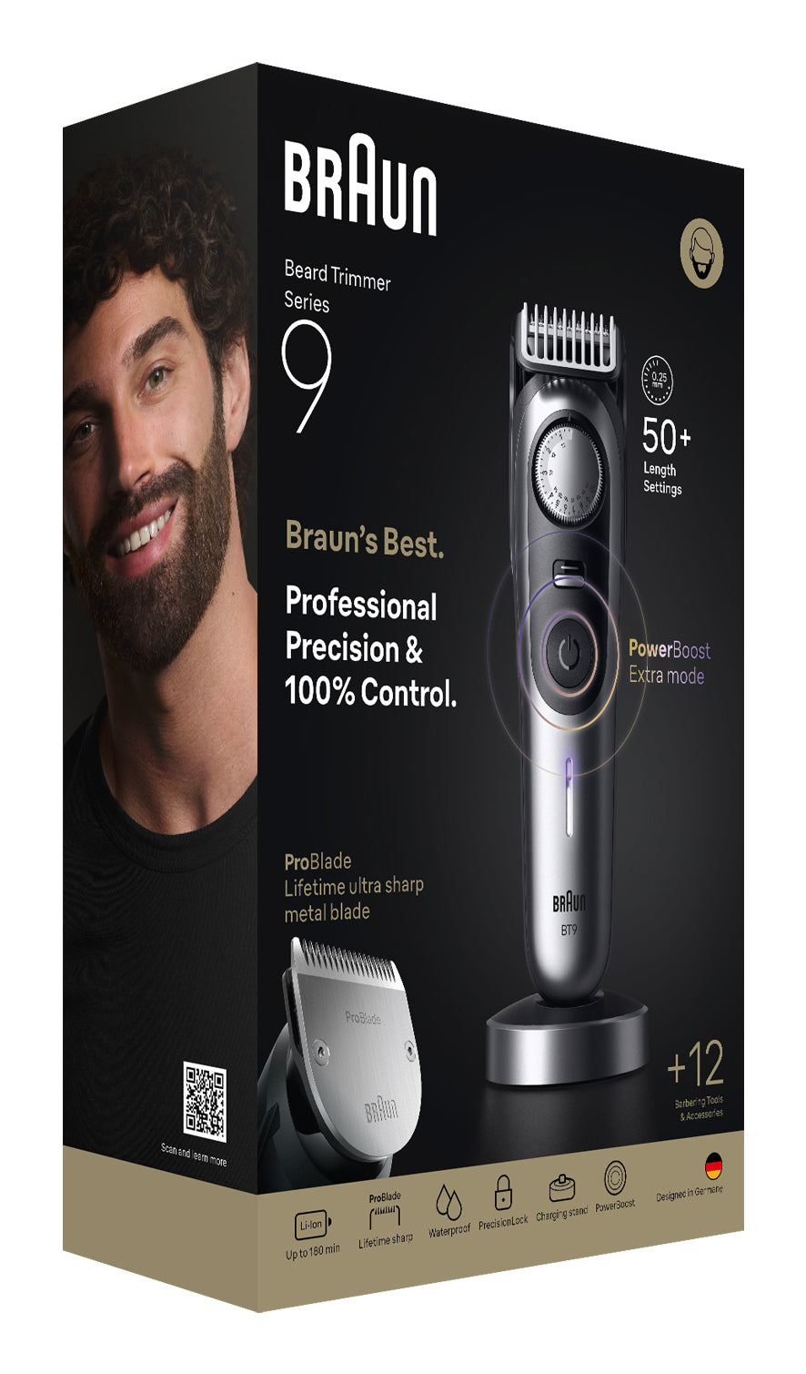 Braun BeardTrimmer 9 BT9560 tondeuse à barbe Batterie 52 2 cm Mouillé & sec Noir, Argent