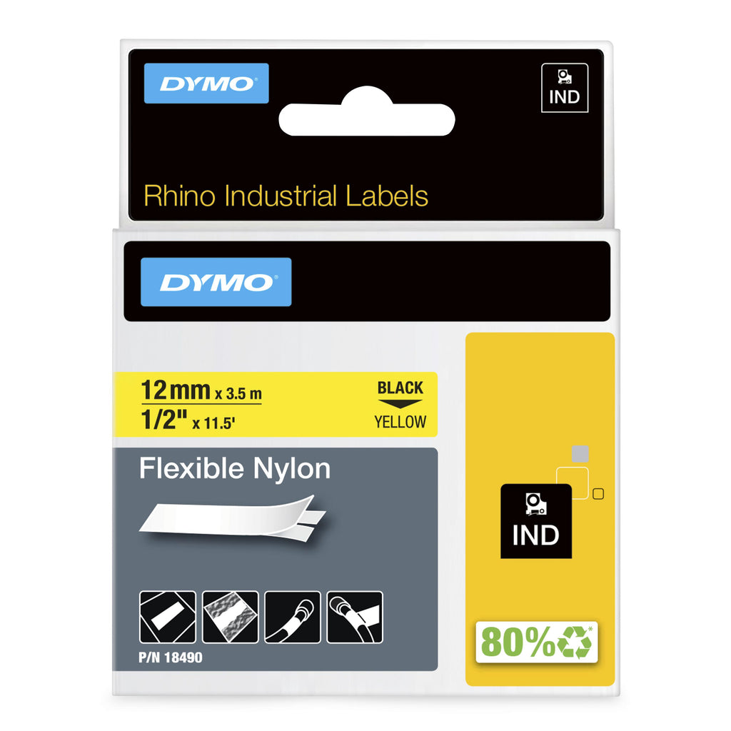 DYMO Rhino Étiquettes industrielles | Nylon flexible | rouleau de 12 mm x 3,5 m | autocollantes impression en noir sur fond jaune | pour étiqueteuses Rhino et LabelManager
