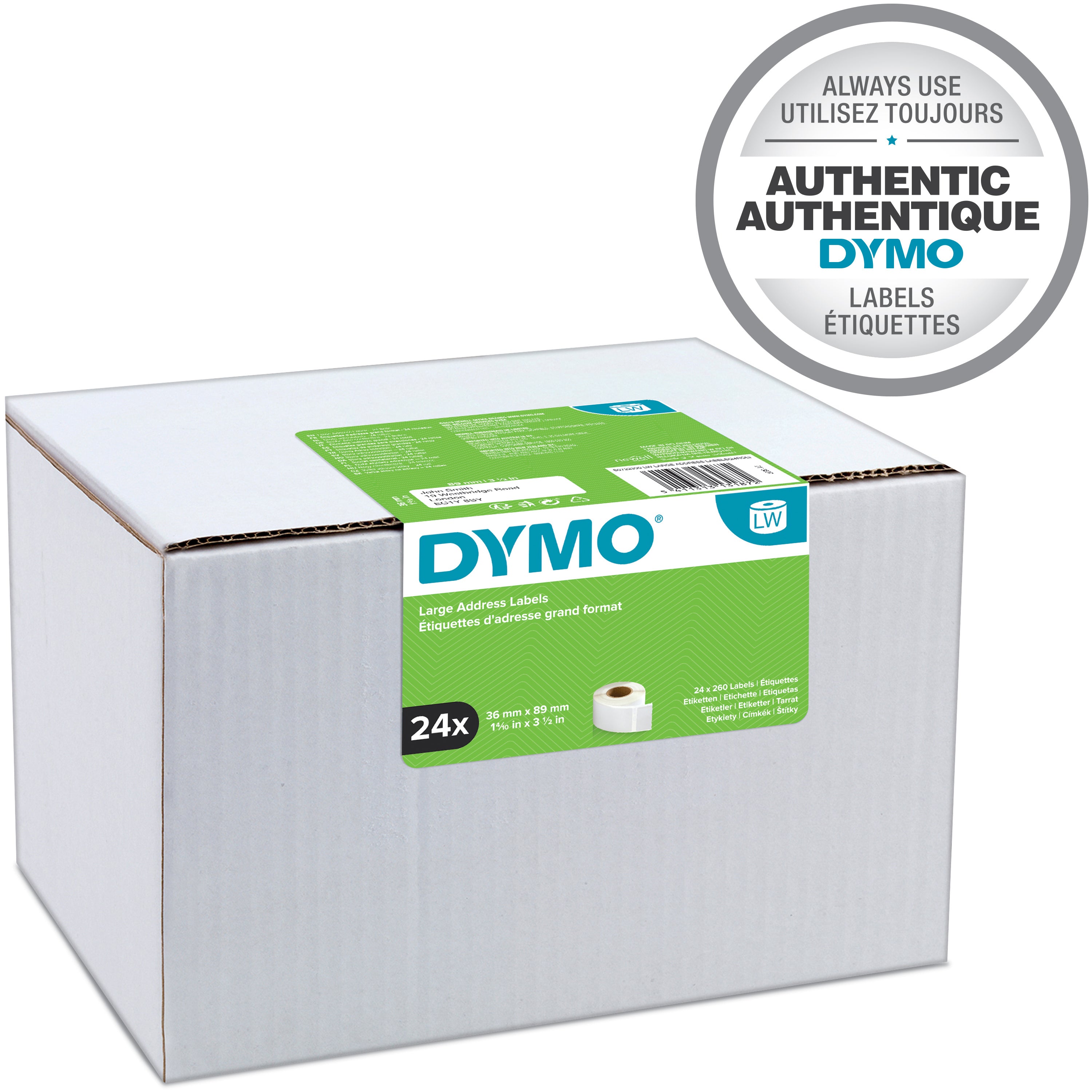 DYMO LW grandes étiquettes d'adresse autocollantes authentiques | 36 mm x 89 mm | impression en noir sur fond blanc | 2 rouleaux de 260 étiquettes (520 étiquettes) | pour les étiqueteuses LabelWriter