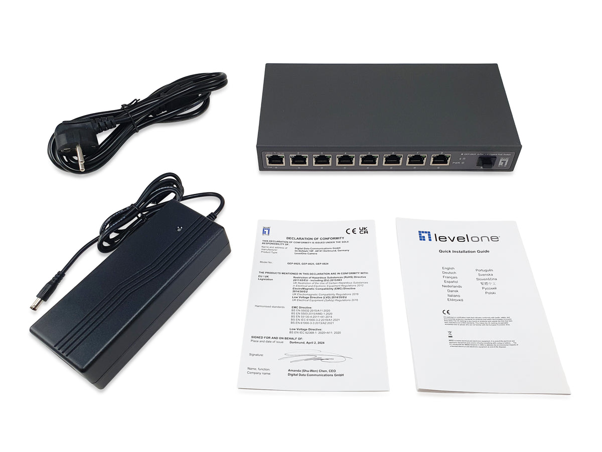 LevelOne GEP-0925 Commutateur Réseau Non-géré 2.5G Ethernet PoE, 8 Ports RJ-45, 1 Port SFP+, Noir